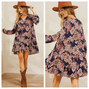 Beautiful Printed Fabric V-Neck Tiered Mini Dress New